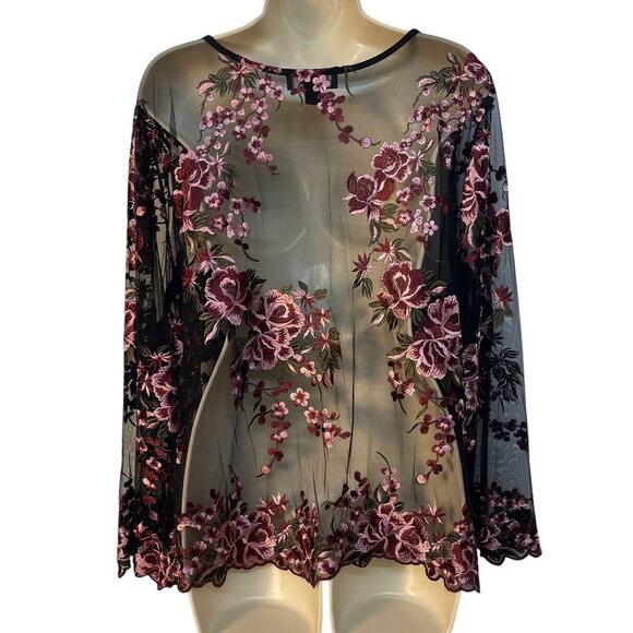 Karen Kane Women’s Long Sleeve Sheer Mesh Embroidered Crew Neck Top Size XL - Picture 3 of 6